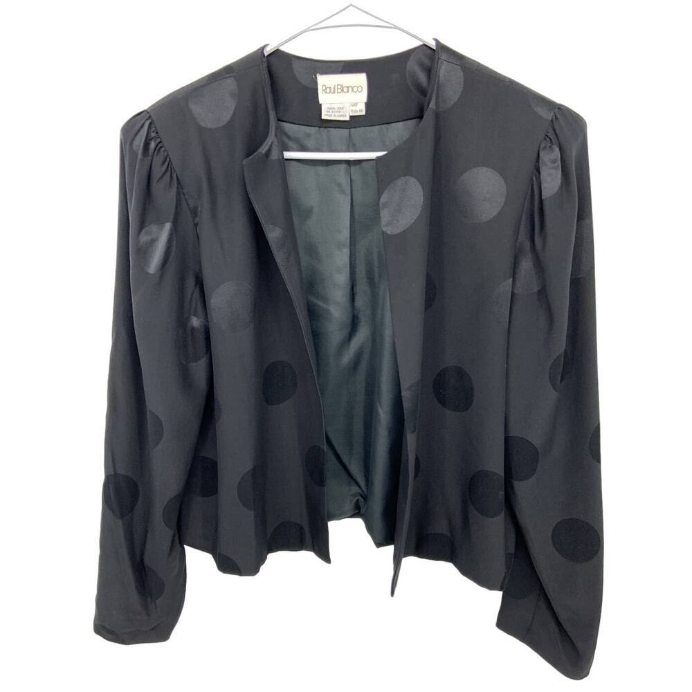 Vtg Raul Blanco 100% Silk Black on Black Polka Dot Print Blazer Jacket Size 14